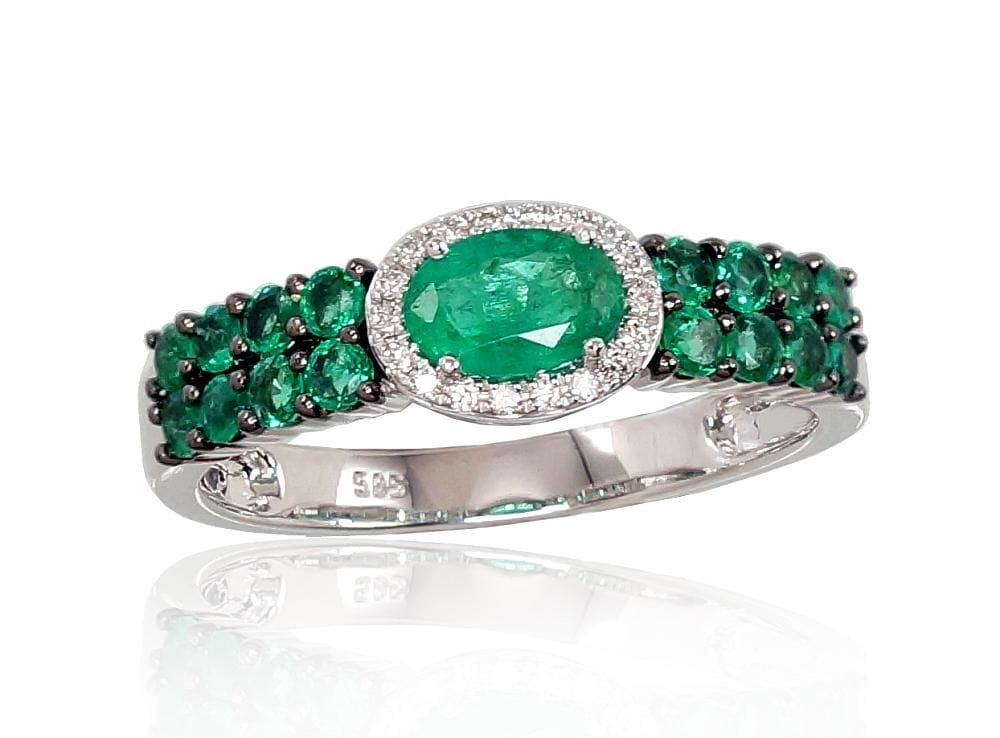 Kuldsõrmus #1100666(Au-W+PRh-Bk)_DI+EM, Valge Kuld 585°, roodium (kate) , Briljant , Smaragd - Premiumkellad