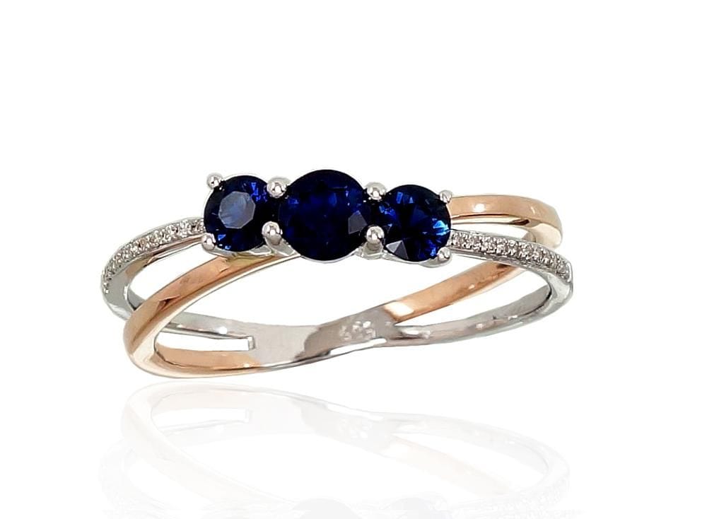 Kuldsõrmus #1100667(Au-R+Au-W)_DI+SA, Valge/Punane Kuld 585°, Briljant , Safiir - Premiumkellad