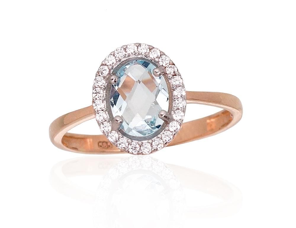 Kuldsõrmus #1100912(Au-R+PRh-W)_CZ+TZLB, Punane Kuld 585°, roodium (kate) , Tsirkonid , Taevakarva sinine topaas - Premiumkellad