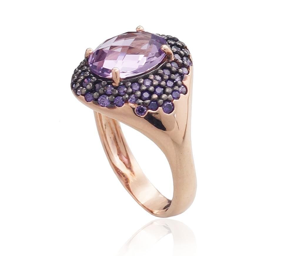 Kuldsõrmus #1100961(Au-R+PRh-Bk)_CZ-V+AM, Punane Kuld 585°, roodium (kate) , Tsirkonid , Ametüst - Premiumkellad