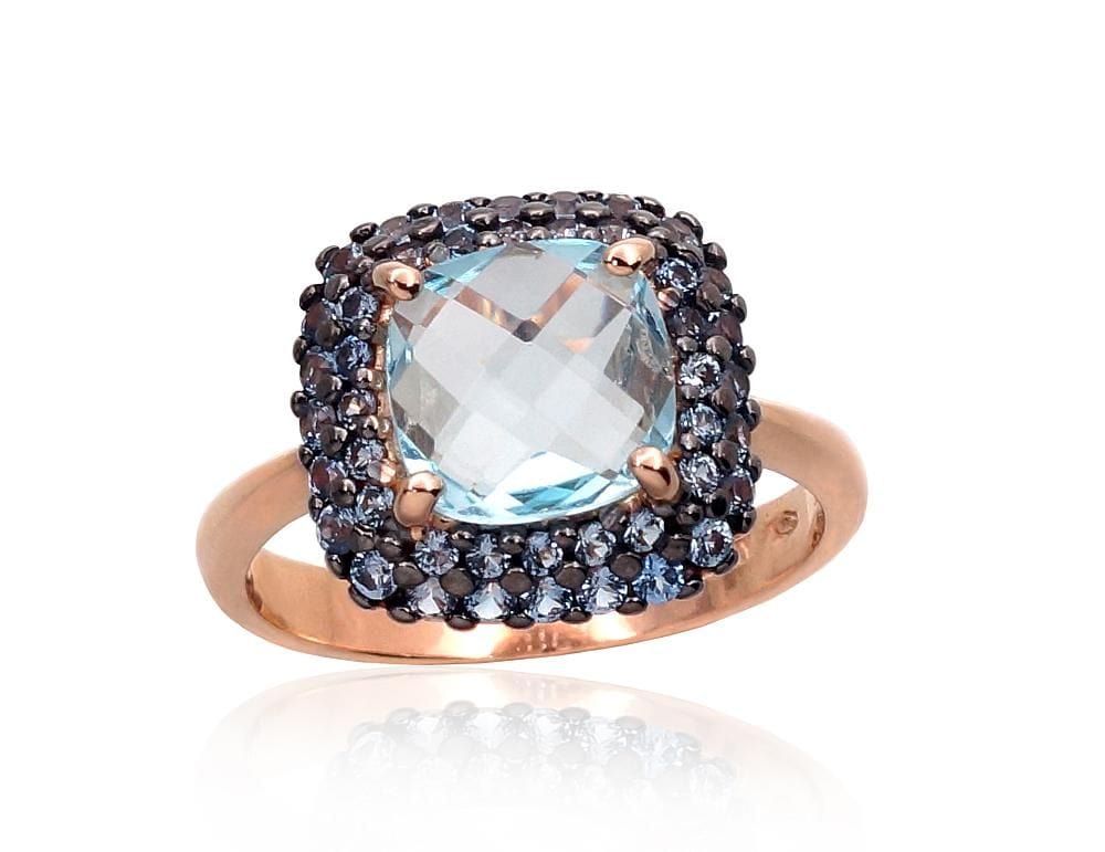 Kuldsõrmus #1100962(Au-R+PRh-Bk)_CZ-LB+TZLB, Punane Kuld 585°, roodium (kate) , Tsirkonid , Taevakarva sinine topaas - Premiumkellad