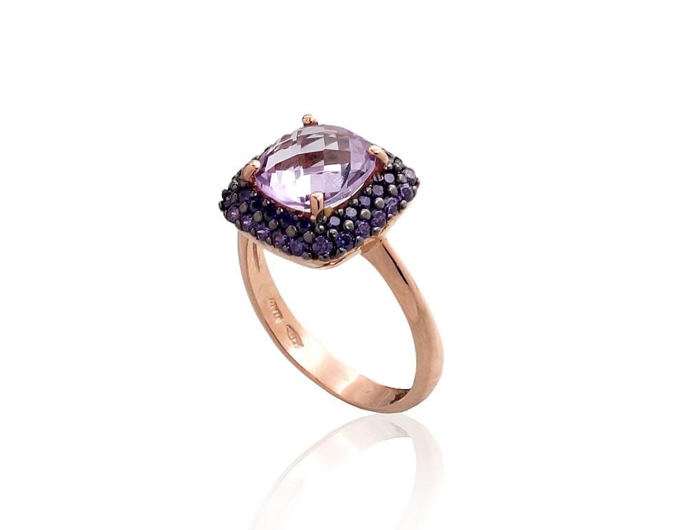 Kuldsõrmus #1100962(Au-R+PRh-Bk)_CZ-V+AM, Punane Kuld 585°, roodium (kate) , Tsirkonid , Ametüst - Premiumkellad