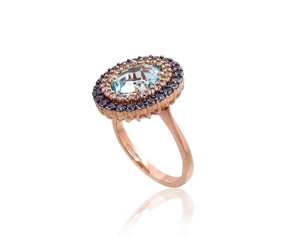 Kuldsõrmus #1100964(Au-R+PRh-Bk)_CZ+CZ-LB+TZLB, Punane Kuld 585°, roodium (kate) , Tsirkonid , Taevakarva sinine topaas - Premiumkellad