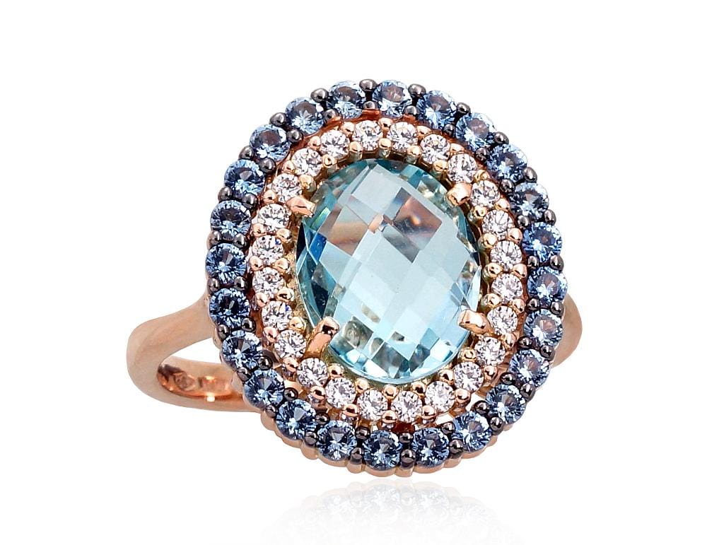 Kuldsõrmus #1100964(Au-R+PRh-Bk)_CZ+CZ-LB+TZLB, Punane Kuld 585°, roodium (kate) , Tsirkonid , Taevakarva sinine topaas - Premiumkellad