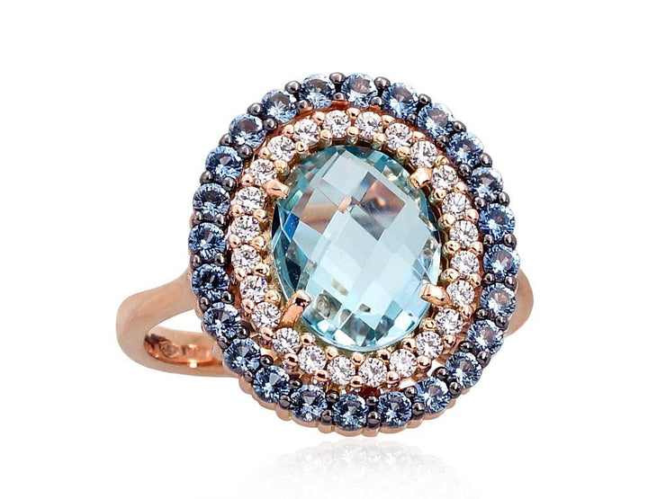 Kuldsõrmus #1100964(Au-R+PRh-Bk)_CZ+CZ-LB+TZLB, Punane Kuld 585°, roodium (kate) , Tsirkonid , Taevakarva sinine topaas - Premiumkellad