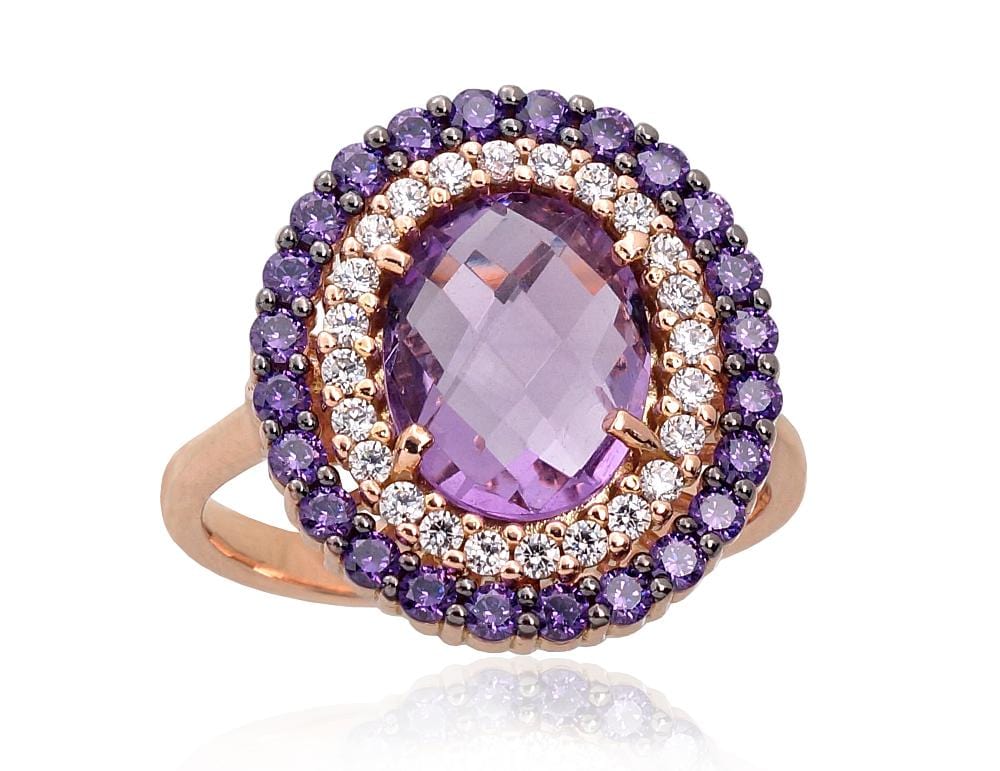 Kuldsõrmus #1100964(Au-R+PRh-Bk)_CZ+CZ-V+AM, Punane Kuld 585°, roodium (kate) , Tsirkonid , Ametüst - Premiumkellad