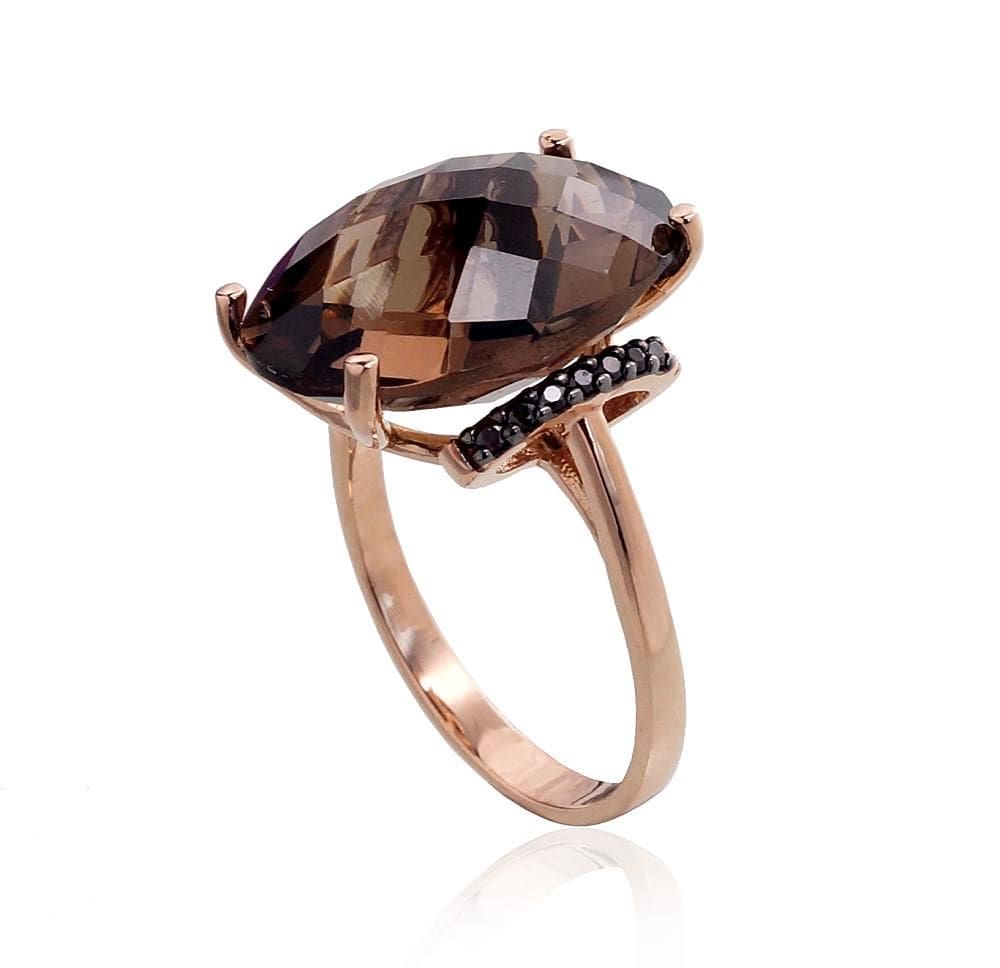 Kuldsõrmus #1100965(Au-R+PRh-Bk)_CZ-BR+KZSM, Punane Kuld 585°, roodium (kate) , Tsirkonid , Suitsukvarts - Premiumkellad