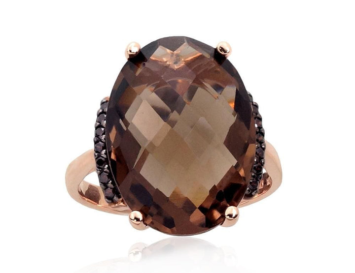 Kuldsõrmus #1100965(Au-R+PRh-Bk)_CZ-BR+KZSM, Punane Kuld 585°, roodium (kate) , Tsirkonid , Suitsukvarts - Premiumkellad