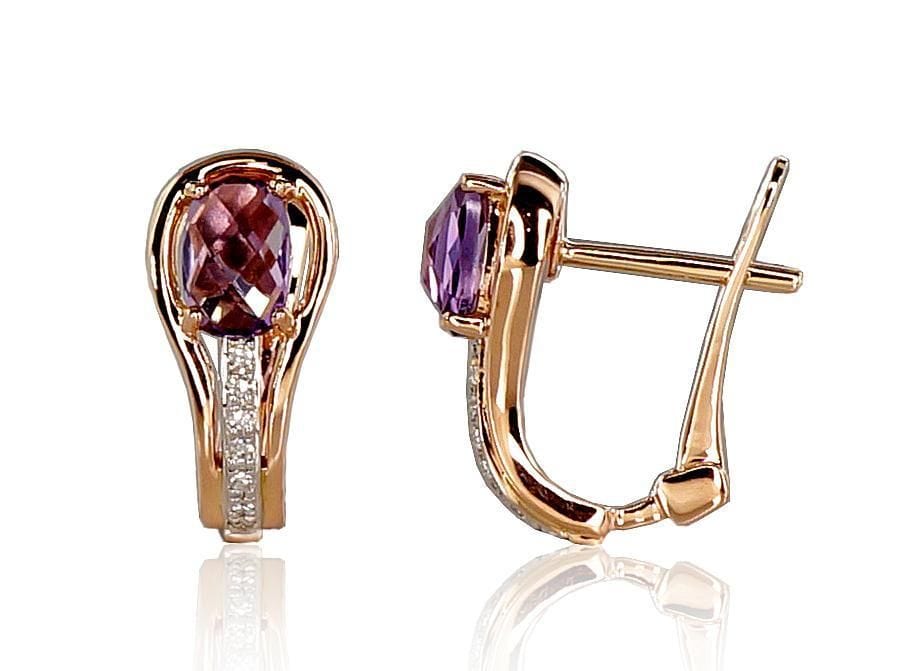'Inglise' sulguriga kullast kõrvarõngad #1200276(Au-R+PRh-W)_DI+AM, Punane Kuld 585°, roodium (kate) , Briljant , Ametüst - Premiumkellad