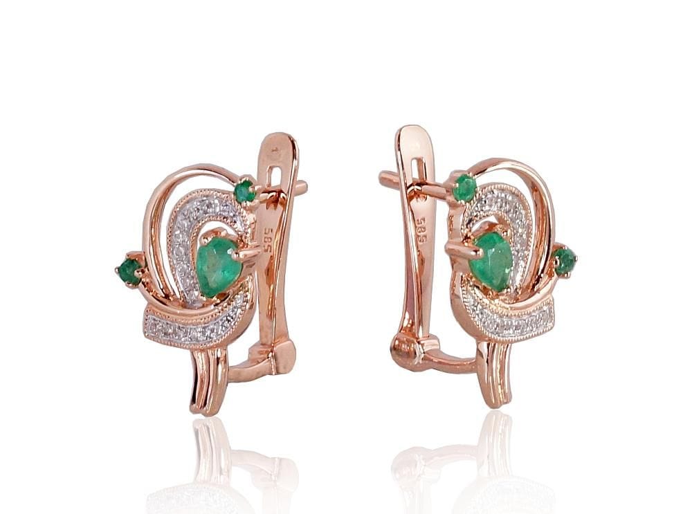 'Inglise' sulguriga kullast kõrvarõngad #1200503(Au-R+PRh-W)_DI+EM, Punane Kuld 585°, roodium (kate) , Briljant , Smaragd - Premiumkellad