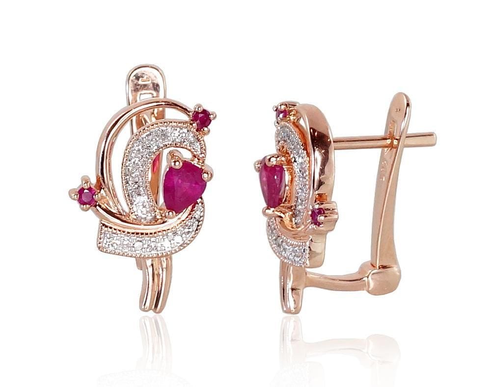 'Inglise' sulguriga kullast kõrvarõngad #1200503(Au-R+PRh-W)_DI+RB, Punane Kuld 585°, roodium (kate) , Briljant , Rubiin - Premiumkellad