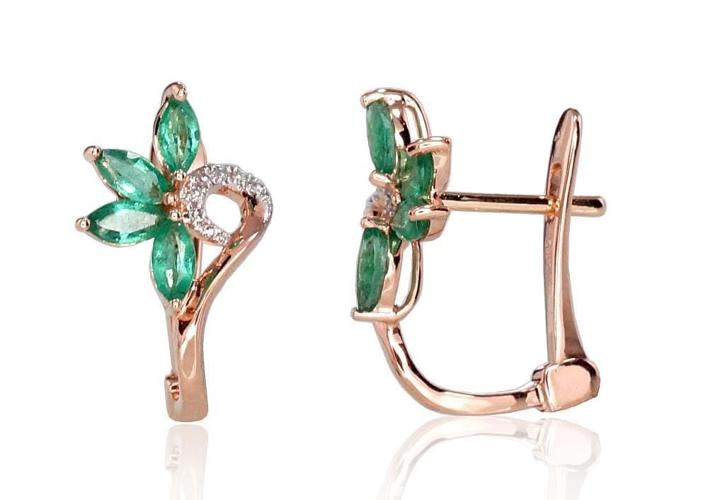 'Inglise' sulguriga kullast kõrvarõngad #1200717(Au-R+PRh-W)_DI+EM, Punane Kuld 585°, roodium (kate) , Briljant , Smaragd - Premiumkellad