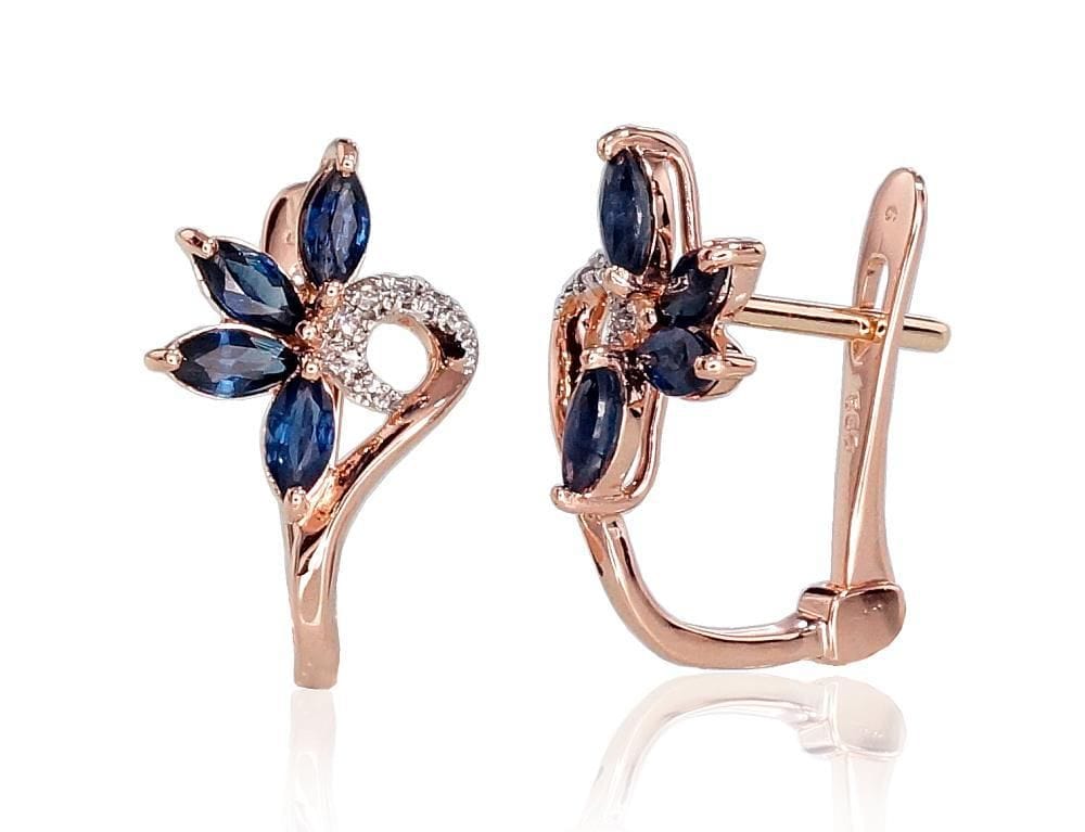 'Inglise' sulguriga kullast kõrvarõngad #1200717(Au-R+PRh-W)_DI+SA, Punane Kuld 585°, roodium (kate) , Briljant , Safiir - Premiumkellad