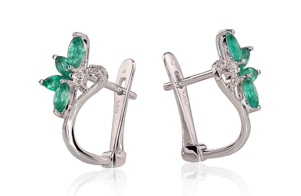 'Inglise' sulguriga kullast kõrvarõngad #1200717(Au-W)_DI+EM, Valge Kuld 585°, Briljant , Smaragd - Premiumkellad