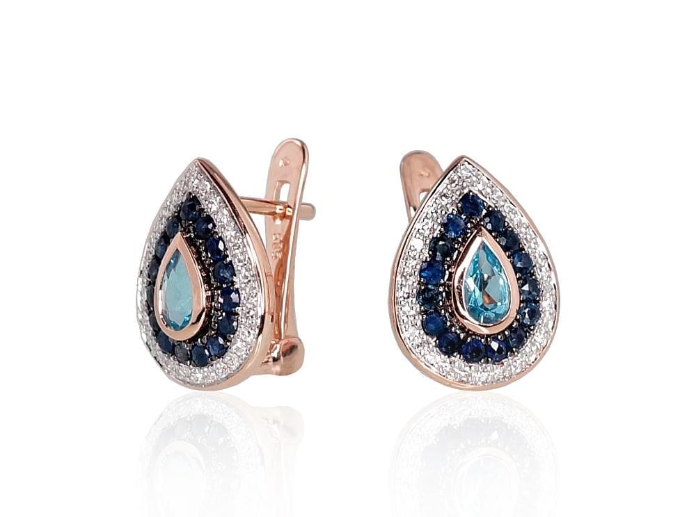 'Inglise' sulguriga kullast kõrvarõngad #1200792(Au-R+PRh-W+PRh-Bk)_DI+SA+TZB, Punane Kuld 585°, roodium (kate) , Briljant , Safiir , Sinine topaas - Premiumkellad