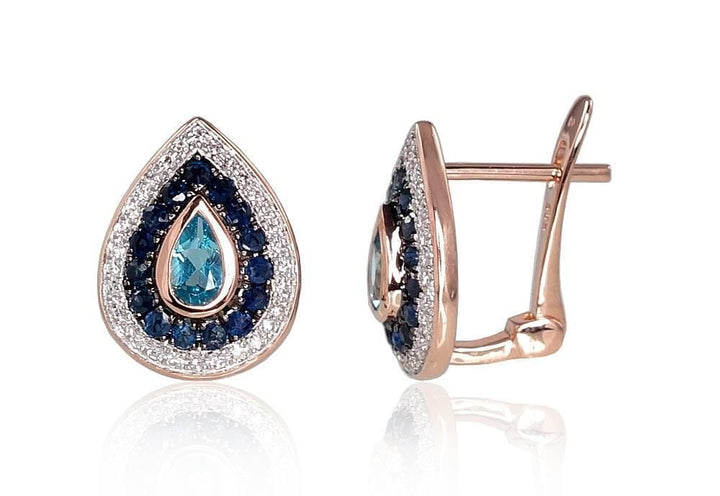 'Inglise' sulguriga kullast kõrvarõngad #1200792(Au-R+PRh-W+PRh-Bk)_DI+SA+TZB, Punane Kuld 585°, roodium (kate) , Briljant , Safiir , Sinine topaas - Premiumkellad