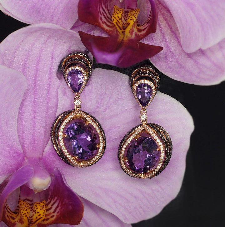 Kullast naelkõrvarõngad #1200803(Au-R+PRh-Bk)_DI+AM, Punane Kuld 585°, roodium (kate) , Briljant , Ametüst - Premiumkellad