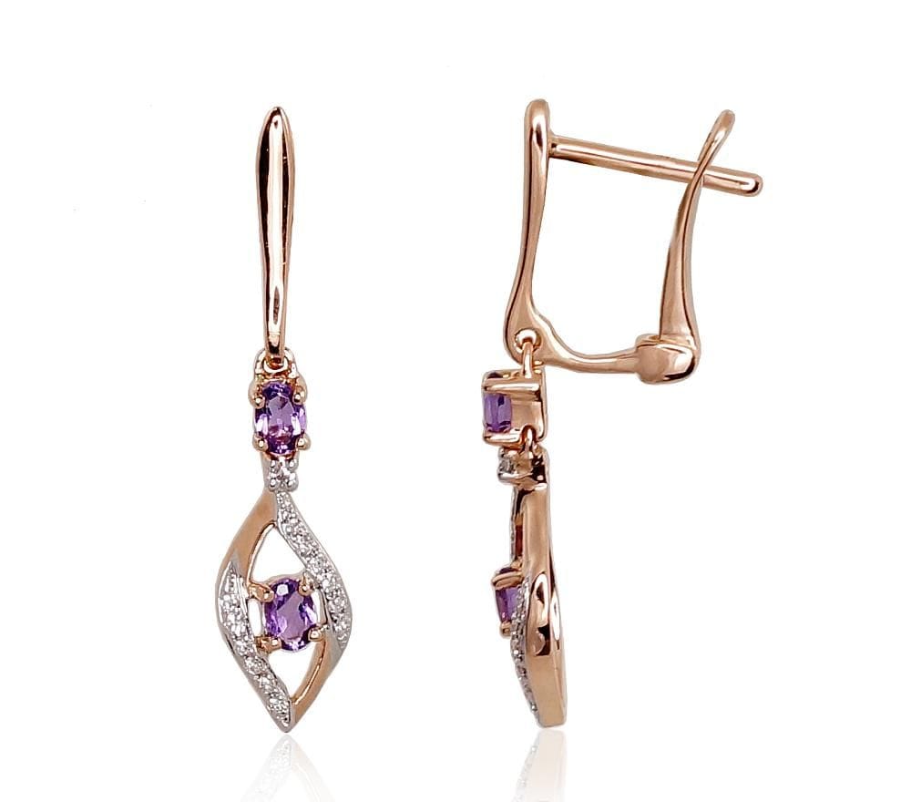 'Inglise' sulguriga kullast kõrvarõngad #1200972(Au-R+PRh-W)_DI+AM, Punane Kuld 585°, roodium (kate) , Briljant , Ametüst - Premiumkellad