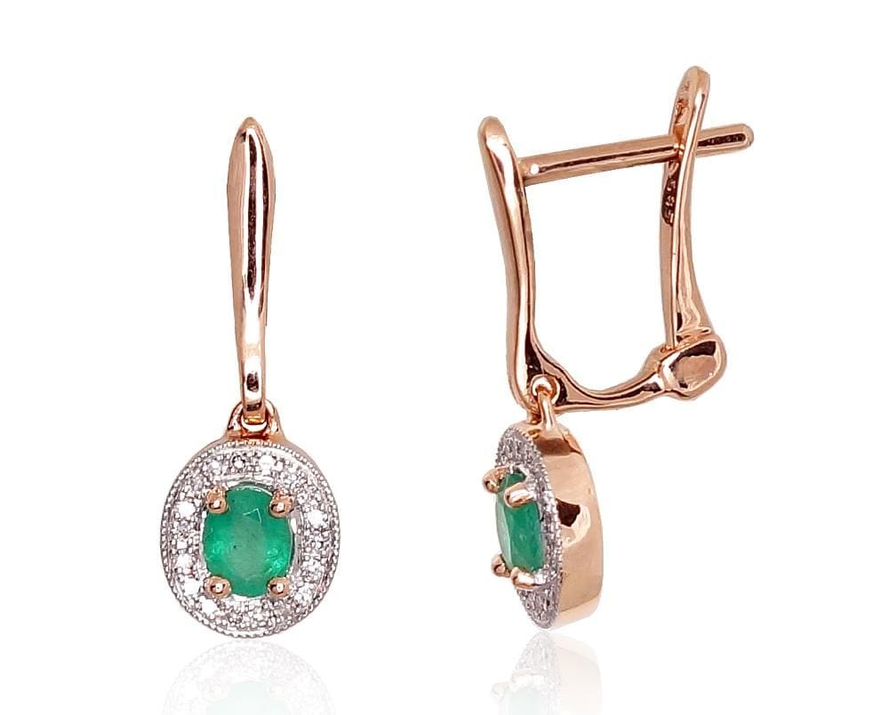 'Inglise' sulguriga kullast kõrvarõngad #1200975(Au-R+PRh-W)_DI+EM, Punane Kuld 585°, roodium (kate) , Briljant , Smaragd - Premiumkellad