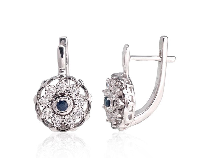 Kullast kõrvarõngad #1201419(Au-W+PRh-Bk)_DI+SA, Valge Kuld 585°, roodium (kate) , Briljant , Safiir - Premiumkellad