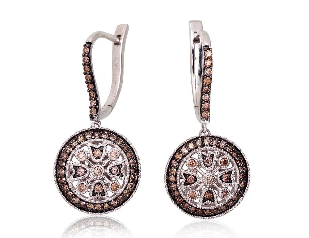 Kullast kõrvarõngad #1201420(Au-W+PRh-Bk)_DICH, Valge Kuld 585°, roodium (kate) , Briljant (šampanja) - Premiumkellad