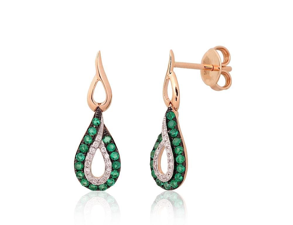 Kullast naelkõrvarõngad #1201552(Au-R+PRh-W+PRh-Bk)_DI+EM, Punane Kuld 585°, roodium (kate) , Briljant , Smaragd - Premiumkellad