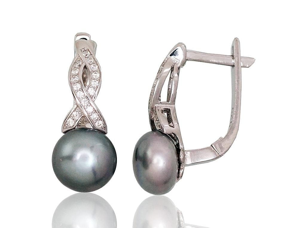 'Inglise' sulguriga hõbekõrverõngad #2202916(PRh-Gr)_CZ+PE-GR, Hõbe 925°, roodium (kate), Tsirkonid , Pärlitest - Premiumkellad