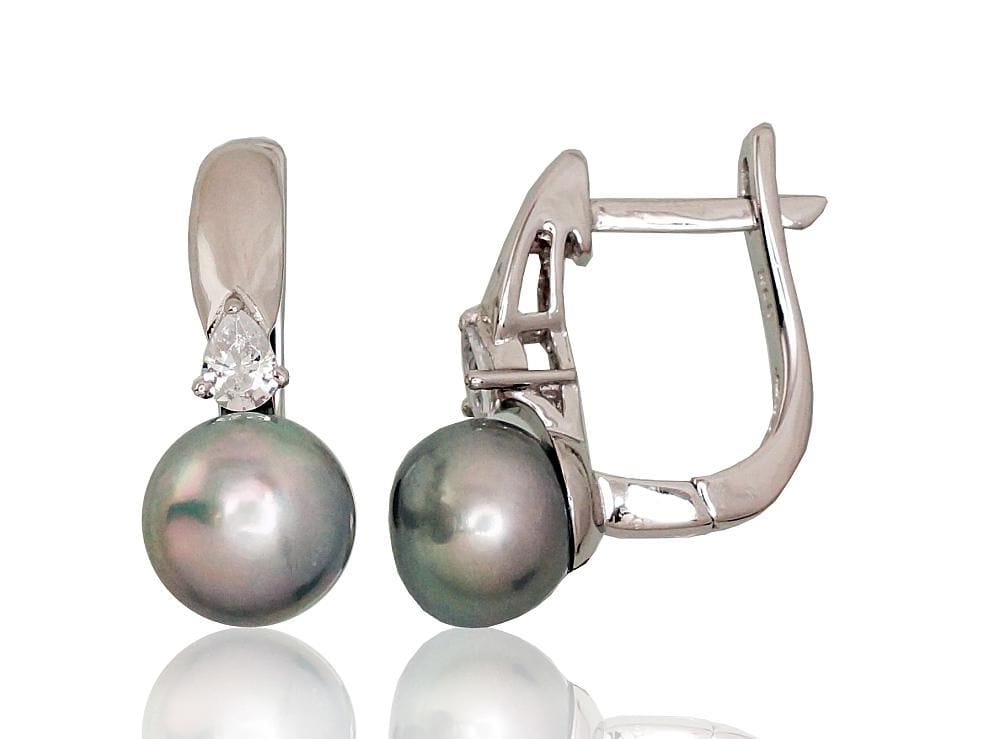 'Inglise' sulguriga hõbekõrverõngad #2202918(PRh-Gr)_CZ+PE-GR, Hõbe 925°, roodium (kate), Tsirkonid , Pärlitest - Premiumkellad