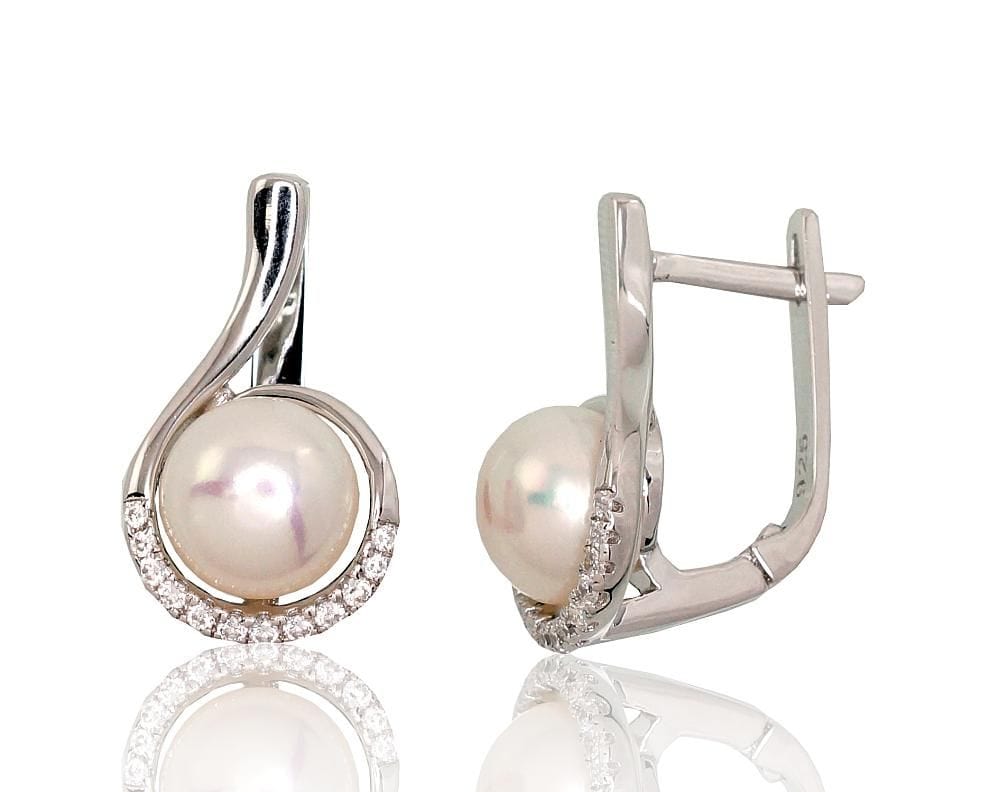 'Inglise' sulguriga hõbekõrverõngad #2202933(PRh-Gr)_CZ+PE, Hõbe 925°, roodium (kate), Tsirkonid , Pärlitest - Premiumkellad