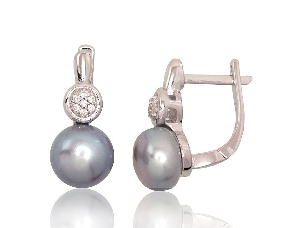 'Inglise' sulguriga hõbekõrverõngad #2202935(PRh-Gr)_CZ+PE-GR, Hõbe 925°, roodium (kate), Tsirkonid , Pärlitest - Premiumkellad